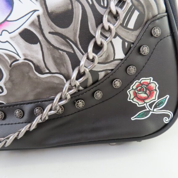 Ed Hardy Black Red Graphic Large Satchel Tote logo skull stud eagle - Picture 4 of 9